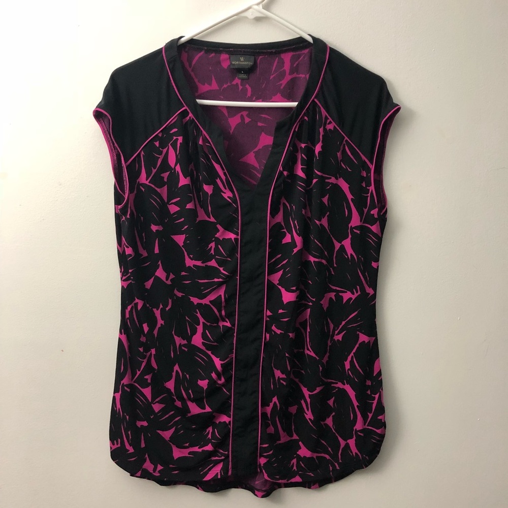 Worthington black and pink split neck top